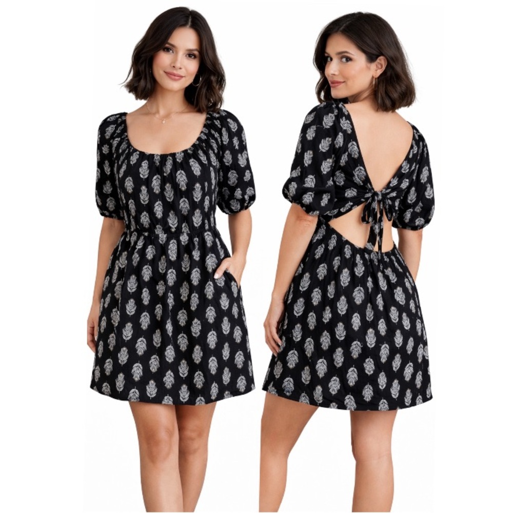 Old Navy Black Leaf Print Puff Sleeve Mini Dress Open Back, Size L